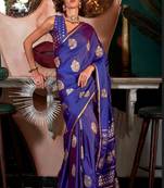 Blue Handloom Satin Jacquard Handloom Woven Saree With Blouse