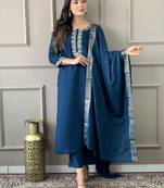 Women Blue Chanderi Silk Embroidered Kurta Pant Dupatta Set