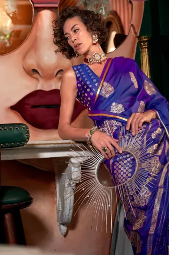 Blue Handloom Satin Jacquard Handloom Woven Saree With Blouse