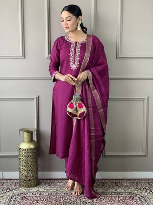 Women Wine Chanderi Silk Embroidered Kurta Pant Dupatta Set 1