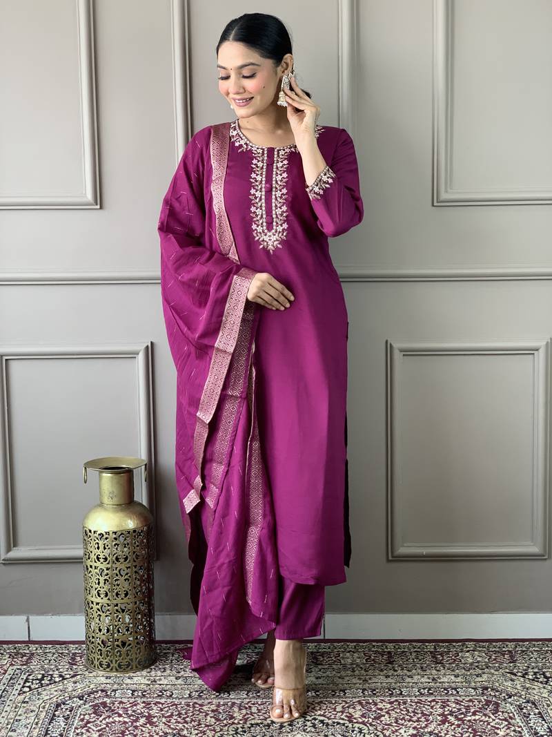 Women Wine Chanderi Silk Embroidered Kurta Pant Dupatta Set