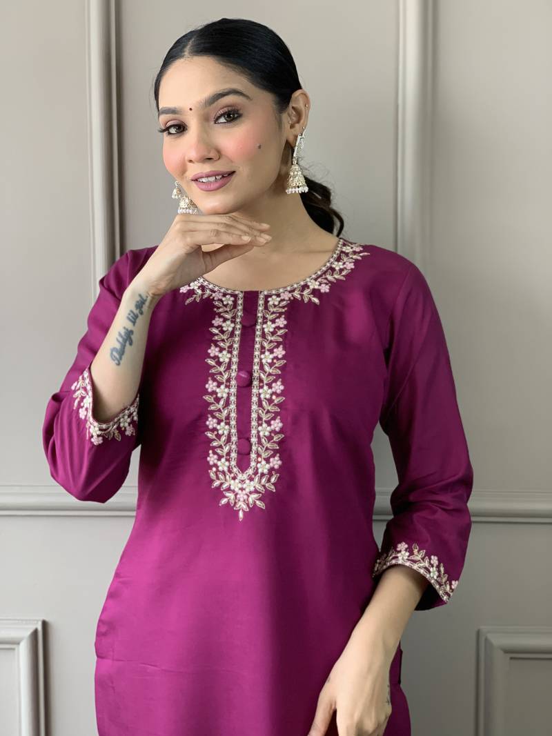 Women Wine Chanderi Silk Embroidered Kurta Pant Dupatta Set