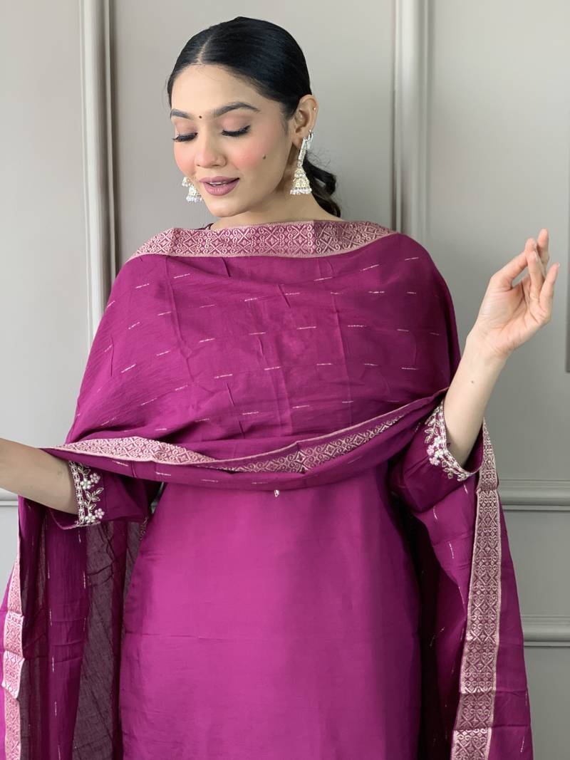 Women Wine Chanderi Silk Embroidered Kurta Pant Dupatta Set