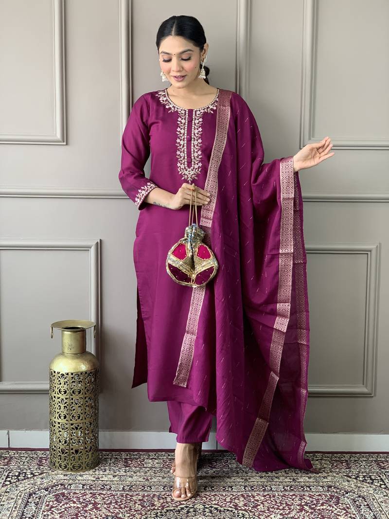 Women Wine Chanderi Silk Embroidered Kurta Pant Dupatta Set