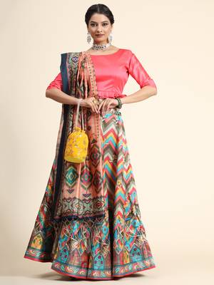Digital Floral Print Satin Silk Semistitched Lehenga Choli For Women and Girls In Festive Party And Traditional Wear 2