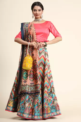 Digital Floral Print Satin Silk Semistitched Lehenga Choli For Women and Girls In Festive Party And Traditional Wear