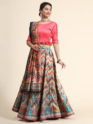 Digital Floral Print Satin Silk Semistitched Lehenga Choli For Women and Girls In Festive Party And Traditional Wear 3