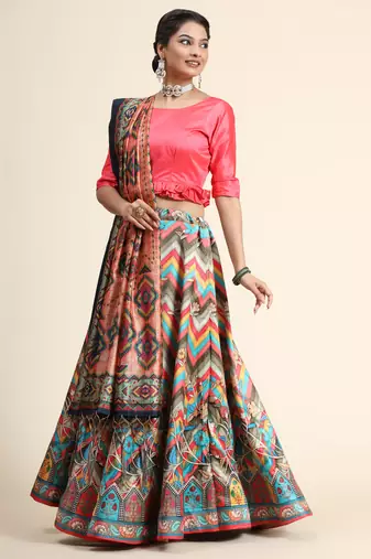 Digital Floral Print Satin Silk Semistitched Lehenga Choli For Women and Girls In Festive Party And Traditional Wear