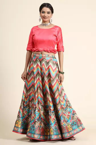 Digital Floral Print Satin Silk Semistitched Lehenga Choli For Women and Girls In Festive Party And Traditional Wear