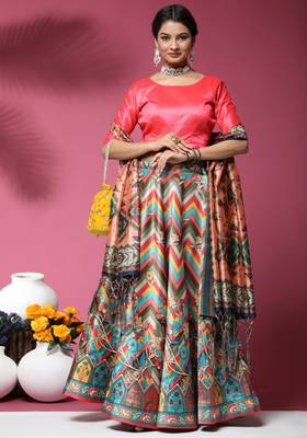 Digital Floral Print Satin Silk Semistitched Lehenga Choli For Women and Girls In Festive Party And Traditional Wear 1