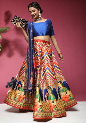 Digital Floral Print Satin Silk Semistitched Lehenga Choli For Women and Girls In Festive Party And Traditional Wear 1