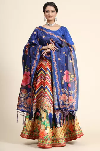 Digital Floral Print Satin Silk Semistitched Lehenga Choli For Women and Girls In Festive Party And Traditional Wear