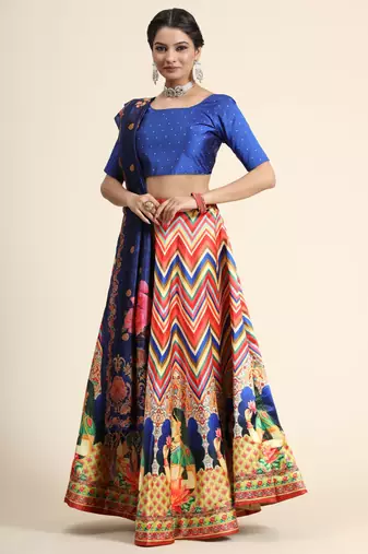 Digital Floral Print Satin Silk Semistitched Lehenga Choli For Women and Girls In Festive Party And Traditional Wear