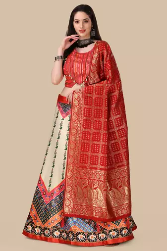 Patola Digital Print Satin SemiStitched Lehenga Choli With Unstitched Sequnce Blouse and Banarsi Dupatta For Women