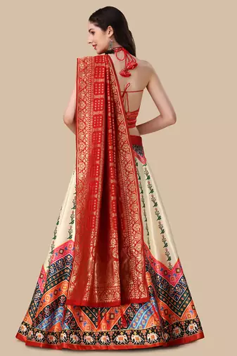 Patola Digital Print Satin SemiStitched Lehenga Choli With Unstitched Sequnce Blouse and Banarsi Dupatta For Women
