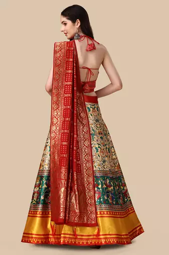 Kalamkari Digital Print Satin SemiStitched Lehenga Choli With Unstitched Sequnce Blouse and Banarsi Dupatta For Women