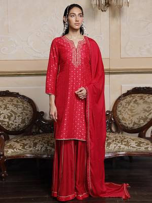 Virtual red woven silk salwar suit 1