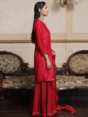 Virtual red woven silk salwar suit 2