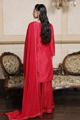 Virtual red woven silk salwar suit