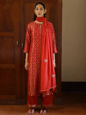 Tango red woven silk salwar suit 1