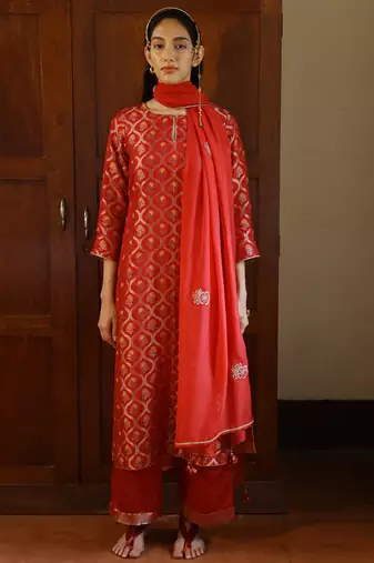 Tango red woven silk salwar suit