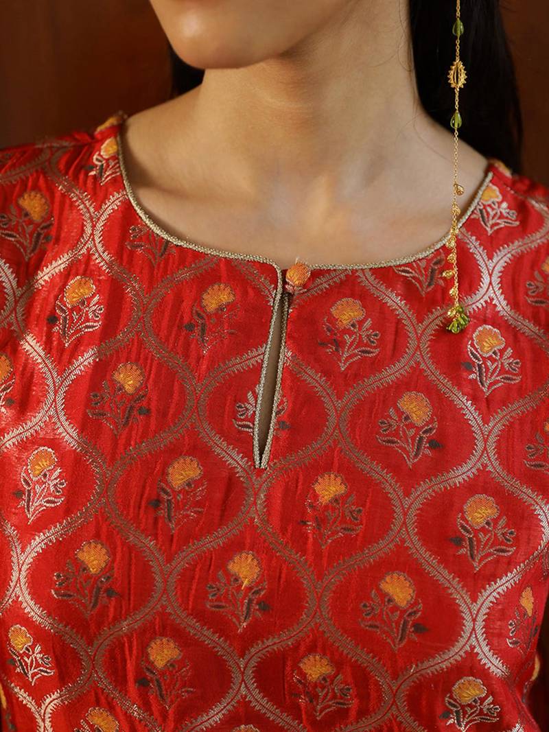 Tango red woven silk salwar suit