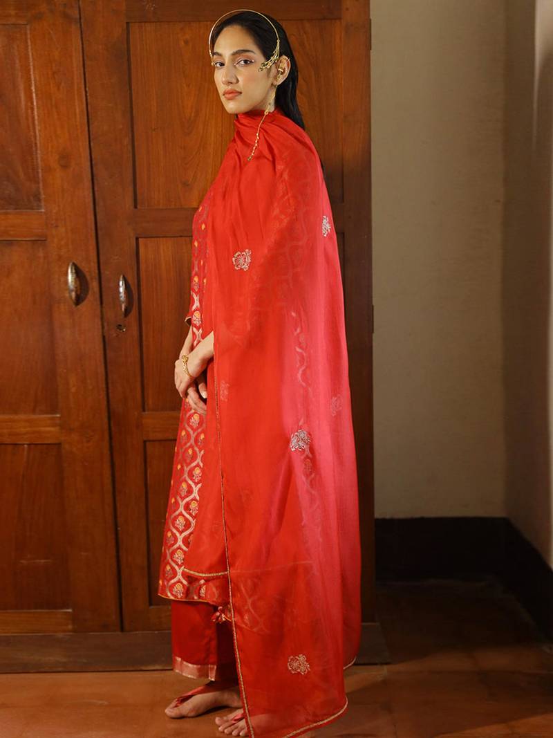 Tango red woven silk salwar suit