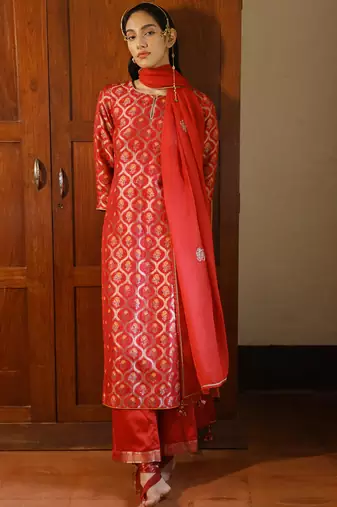 Tango red woven silk salwar suit