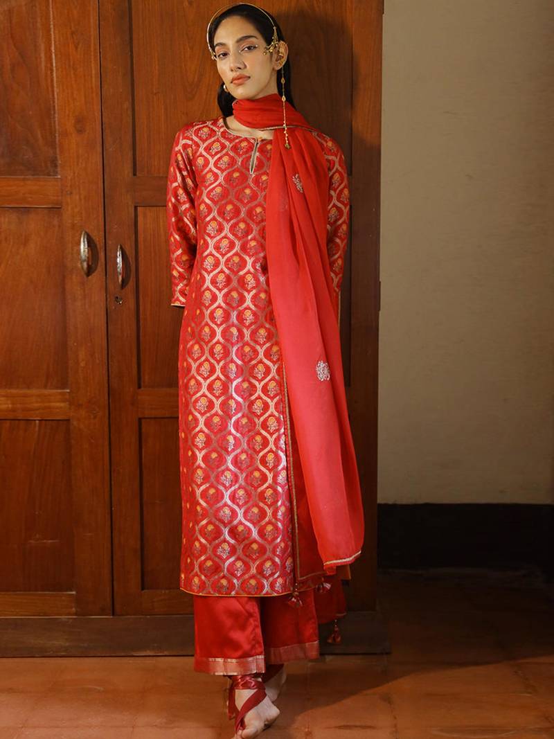 Tango red woven silk salwar suit