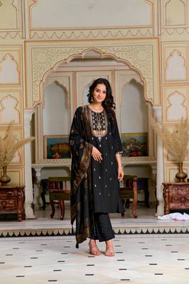 Women Black Chanderi Silk Embroidered Kurta Pant Dupatta Set 1