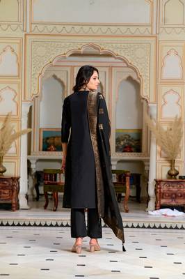 Women Black Chanderi Silk Embroidered Kurta Pant Dupatta Set 2