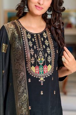 Women Black Chanderi Silk Embroidered Kurta Pant Dupatta Set 4
