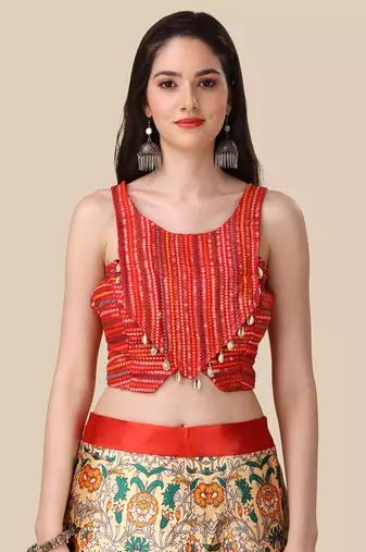 Kalamkari Digital Print Satin SemiStitched Lehenga Choli With Unstitched Sequnce Blouse and Banarsi Dupatta For Women
