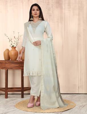 Silk Blend Fabric Embroidered Work Straight Cut Kurta, Pant and Dupatta Set 1