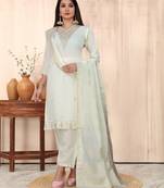 Silk Blend Fabric Embroidered Work Straight Cut Kurta, Pant and Dupatta Set