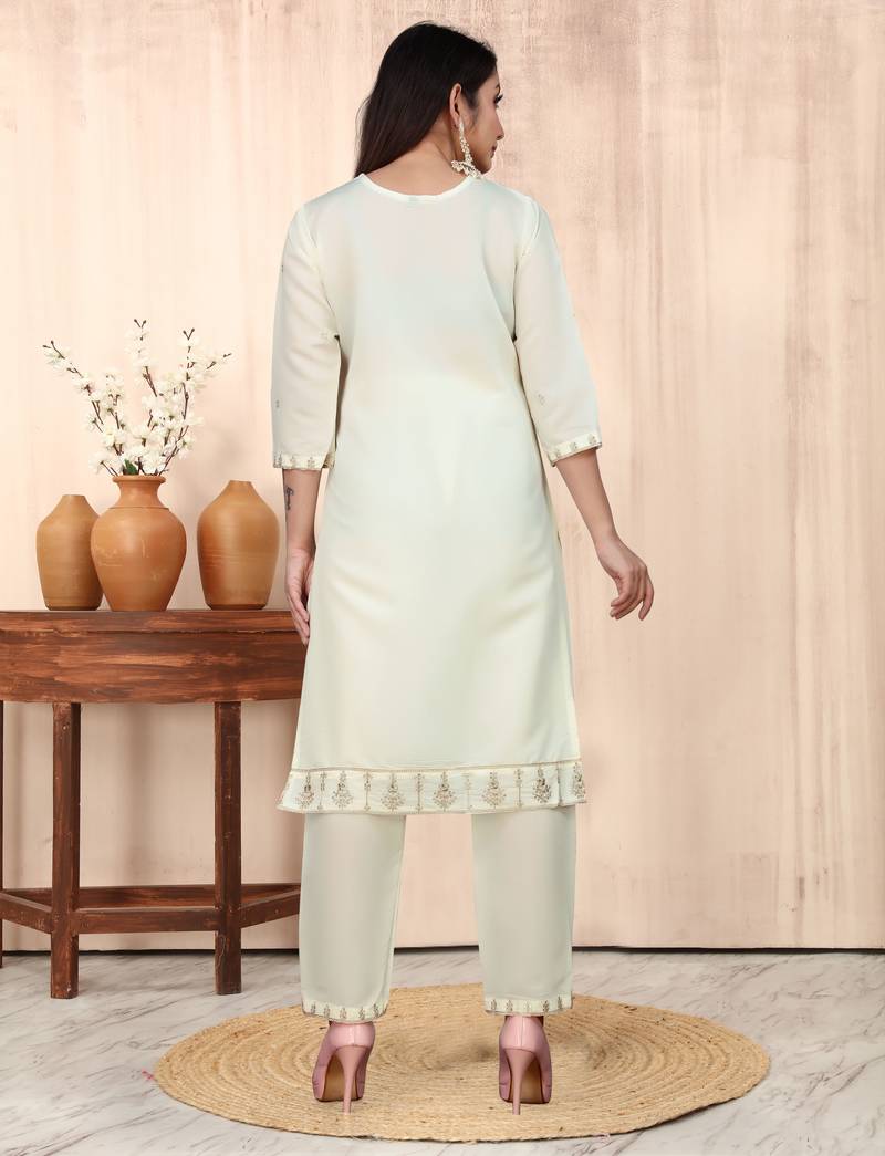 Silk Blend Fabric Embroidered Work Straight Cut Kurta, Pant and Dupatta Set