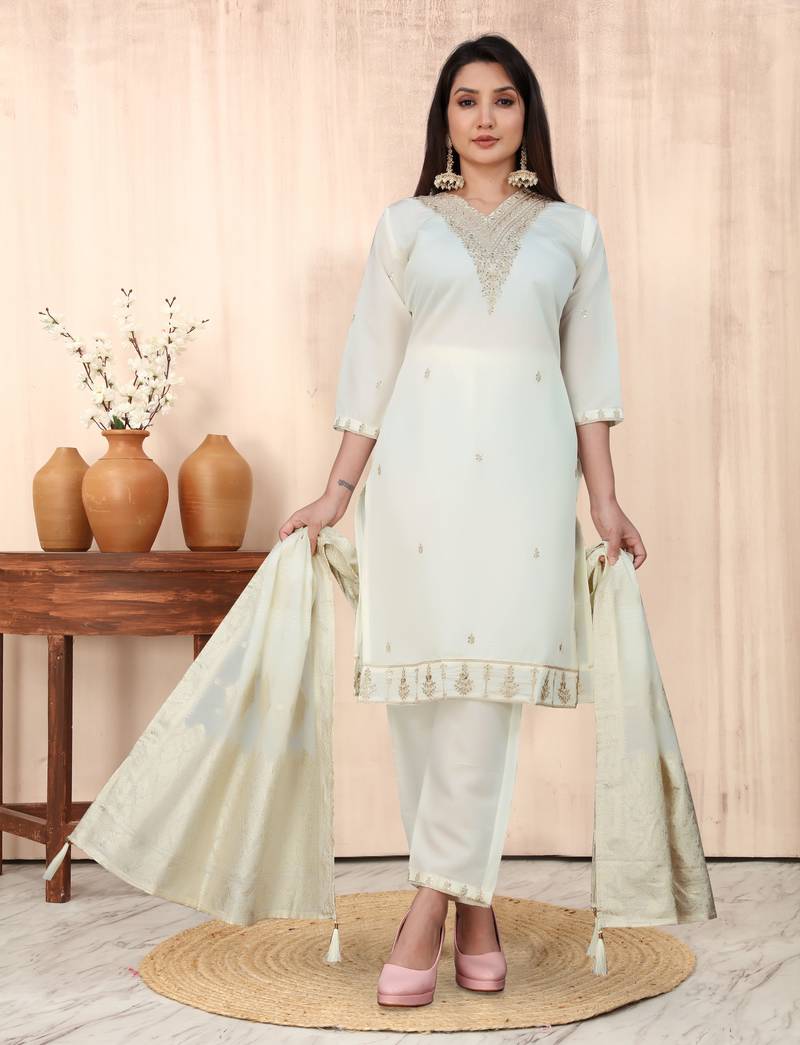 Silk Blend Fabric Embroidered Work Straight Cut Kurta, Pant and Dupatta Set