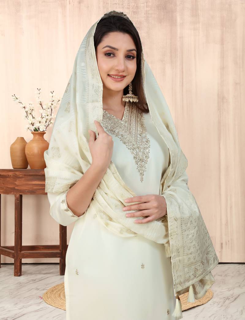 Silk Blend Fabric Embroidered Work Straight Cut Kurta, Pant and Dupatta Set