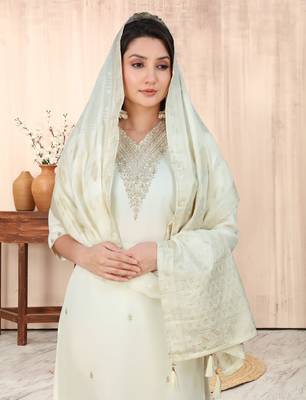 Silk Blend Fabric Embroidered Work Straight Cut Kurta, Pant and Dupatta Set 5