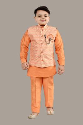 Boys ethnic motifs jacquard modi jacket with kurta & pajama set - orange 1