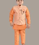 Boys ethnic motifs jacquard modi jacket with kurta & pajama set - orange
