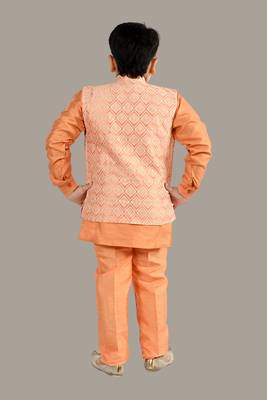 Boys ethnic motifs jacquard modi jacket with kurta & pajama set - orange 2