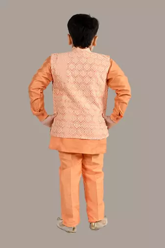 Boys ethnic motifs jacquard modi jacket with kurta & pajama set - orange