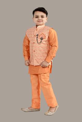 Boys ethnic motifs jacquard modi jacket with kurta & pajama set - orange 3