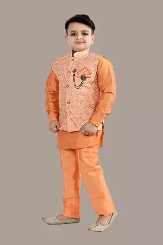 Boys ethnic motifs jacquard modi jacket with kurta & pajama set - orange