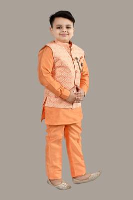 Boys ethnic motifs jacquard modi jacket with kurta & pajama set - orange 4