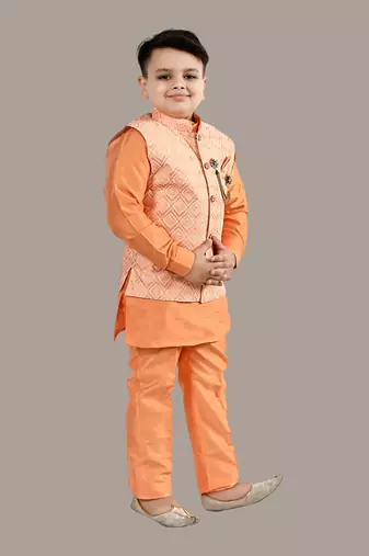 Boys ethnic motifs jacquard modi jacket with kurta & pajama set - orange