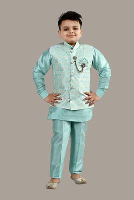 Boys ethnic motifs jacquard modi jacket with kurta & pajama set - sky blue 1