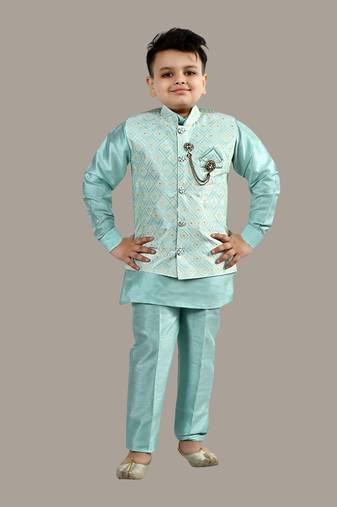 Boys ethnic motifs jacquard modi jacket with kurta & pajama set - sky blue