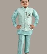 Boys ethnic motifs jacquard modi jacket with kurta & pajama set - sky blue